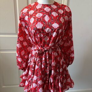 Red and Pink Floral Long Sleeve Dress Sz M